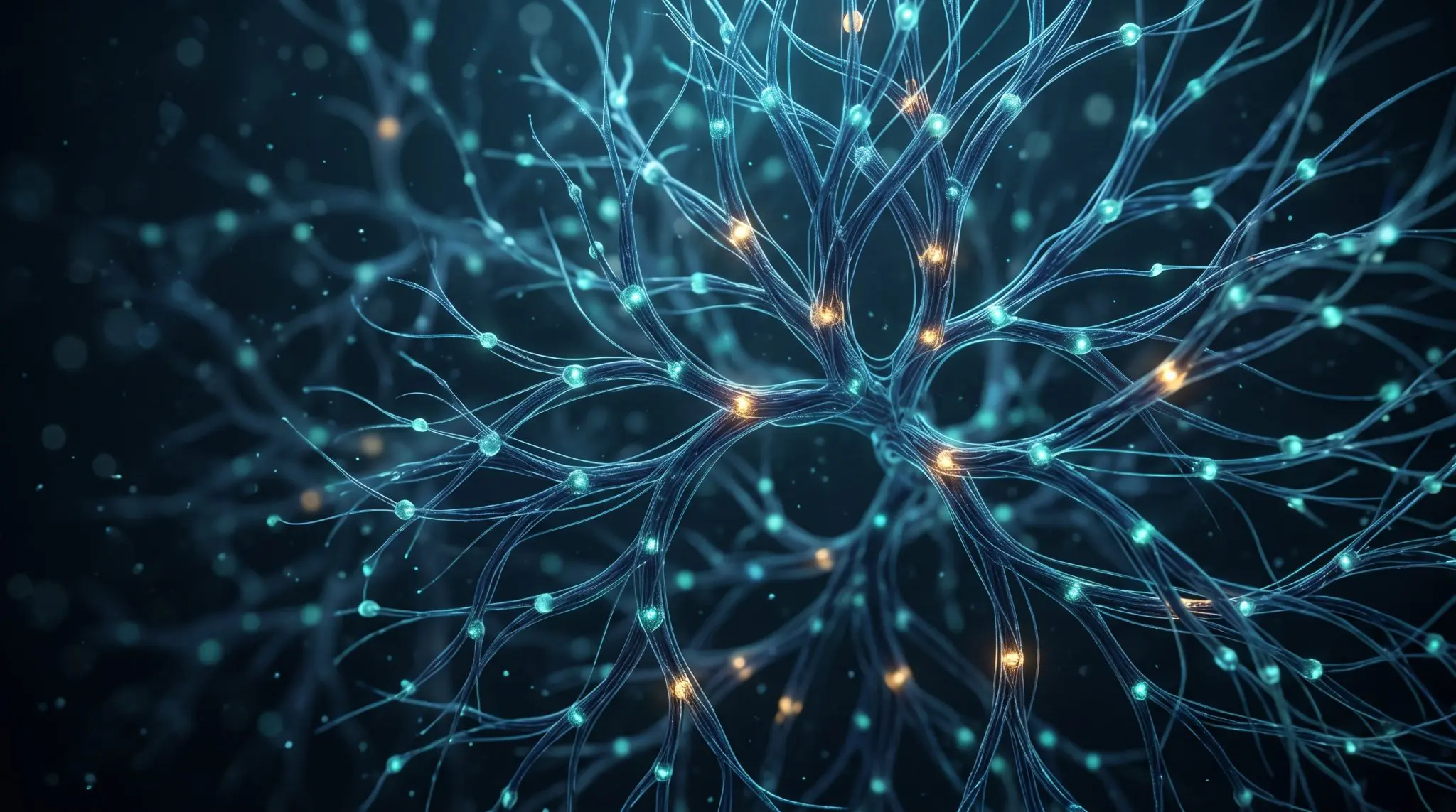 Branching blue filaments studded with glowing teal and amber nodes against a dark background