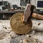A bitcoin cracked open by a hammer