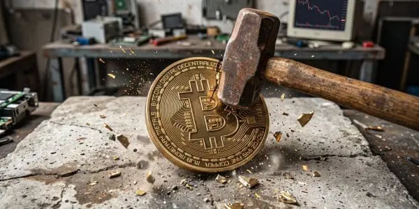 A bitcoin cracked open by a hammer