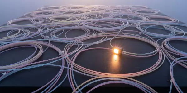 A dark, minimalist scene features looping, colourful strands illuminated by a central, warm glow, creating an abstract, algorithmic landscape.