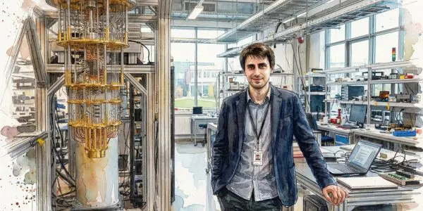 Théau Peronnin in a laboratory beside a dilution refrigerator