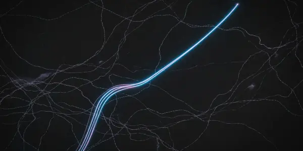 A dark, abstract scene with glowing blue and pink lines against a backdrop of faint, white, branching pathways.
