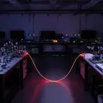 A darkened laboratory contains two workbenches with optical equipment, illuminated by a bright red laser beam across the floor.