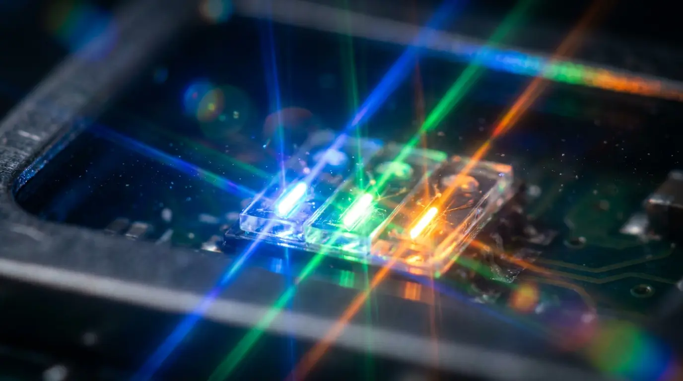 Three tiny blue, green and orange light emitters on a chip with crossing colour streaks