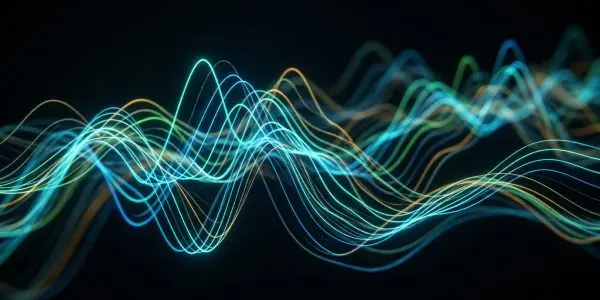 Glowing, undulating lines of blue, gold and teal sweep across a dark background, creating an abstract wave-like form.