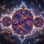 An ornate, swirling fractal pattern glows against a backdrop of deep space, featuring vibrant blues, purples, and golds