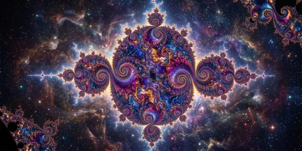 An ornate, swirling fractal pattern glows against a backdrop of deep space, featuring vibrant blues, purples, and golds