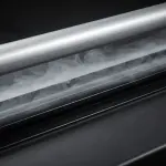 A close-up of a metallic surface with wisps of white vapour rising from it, set against a dark background.