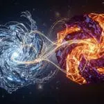A blue spiral structure and an orange faceted crystal linked by glowing golden particle streams in space