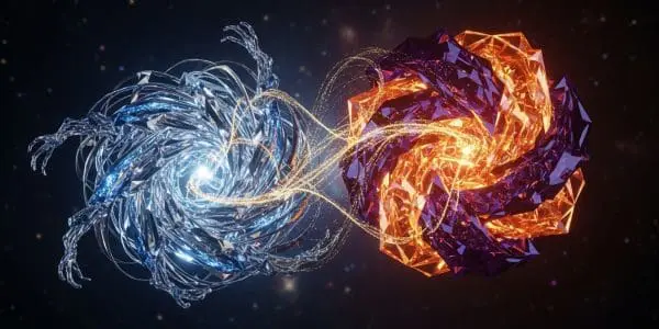 A blue spiral structure and an orange faceted crystal linked by glowing golden particle streams in space