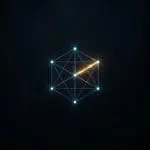 A geometric arrangement of glowing blue nodes connected by lines, with a bright orange energy filament crossing one segment, set against a dark starfield.