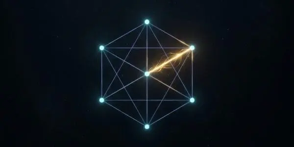 A geometric arrangement of glowing blue nodes connected by lines, with a bright orange energy filament crossing one segment, set against a dark starfield.