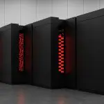 An AI-generated illustration of tall black supercomputer cabinets with columns of red indicator lights, in the style of the Connection Machine