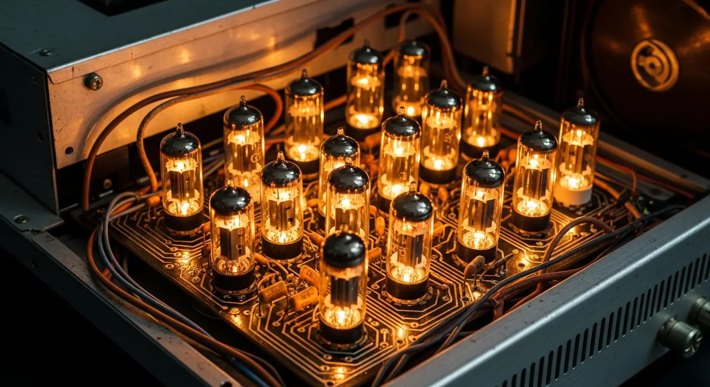 Row of illuminated vacuum tubes inside an instrument chassis