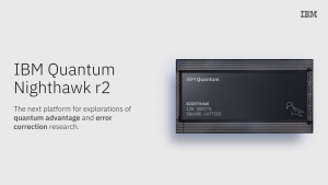 The image displays a dark grey IBM Quantum Nighthawk r2 promotional card with key specifications and a stylized hawk graphic.