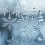 Frost crystals on glass melting into droplets