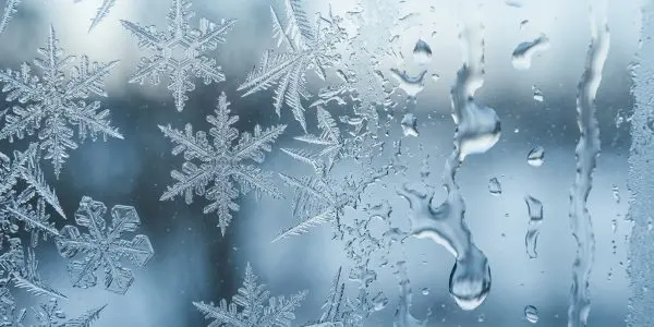 Frost crystals on glass melting into droplets