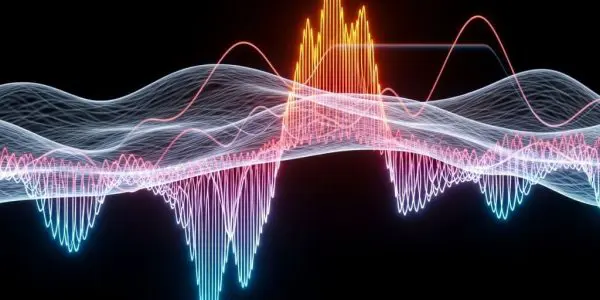 Time-evolving waveform with subtle phase shift emerging beneath surface layer, glowing dynamic contours, black background