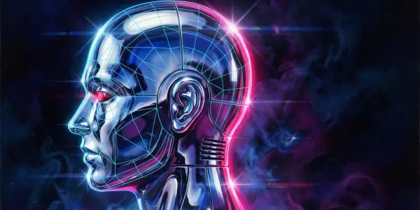 A chrome android head in profile