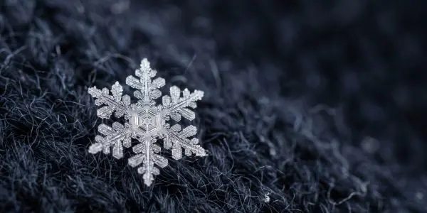 Single six-armed snowflake resting on dark woollen fibres