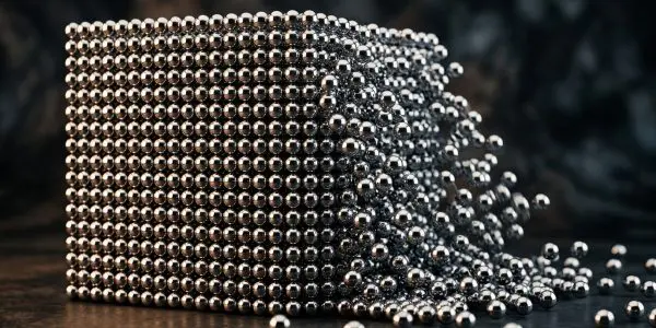 A cube of chrome spheres collapsing into a scatter