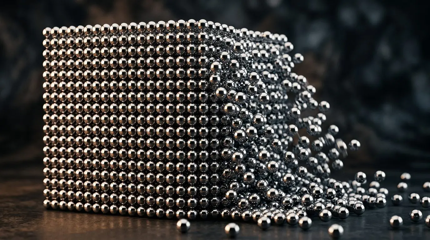 A cube of chrome spheres collapsing into a scatter