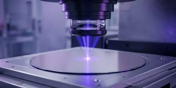 A futuristic, dark laboratory setting features a precision instrument with a purple laser focused on a circular wafer.