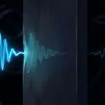 A wavepacket striking a barrier, most of it reflected and a faint remnant continuing on the far side