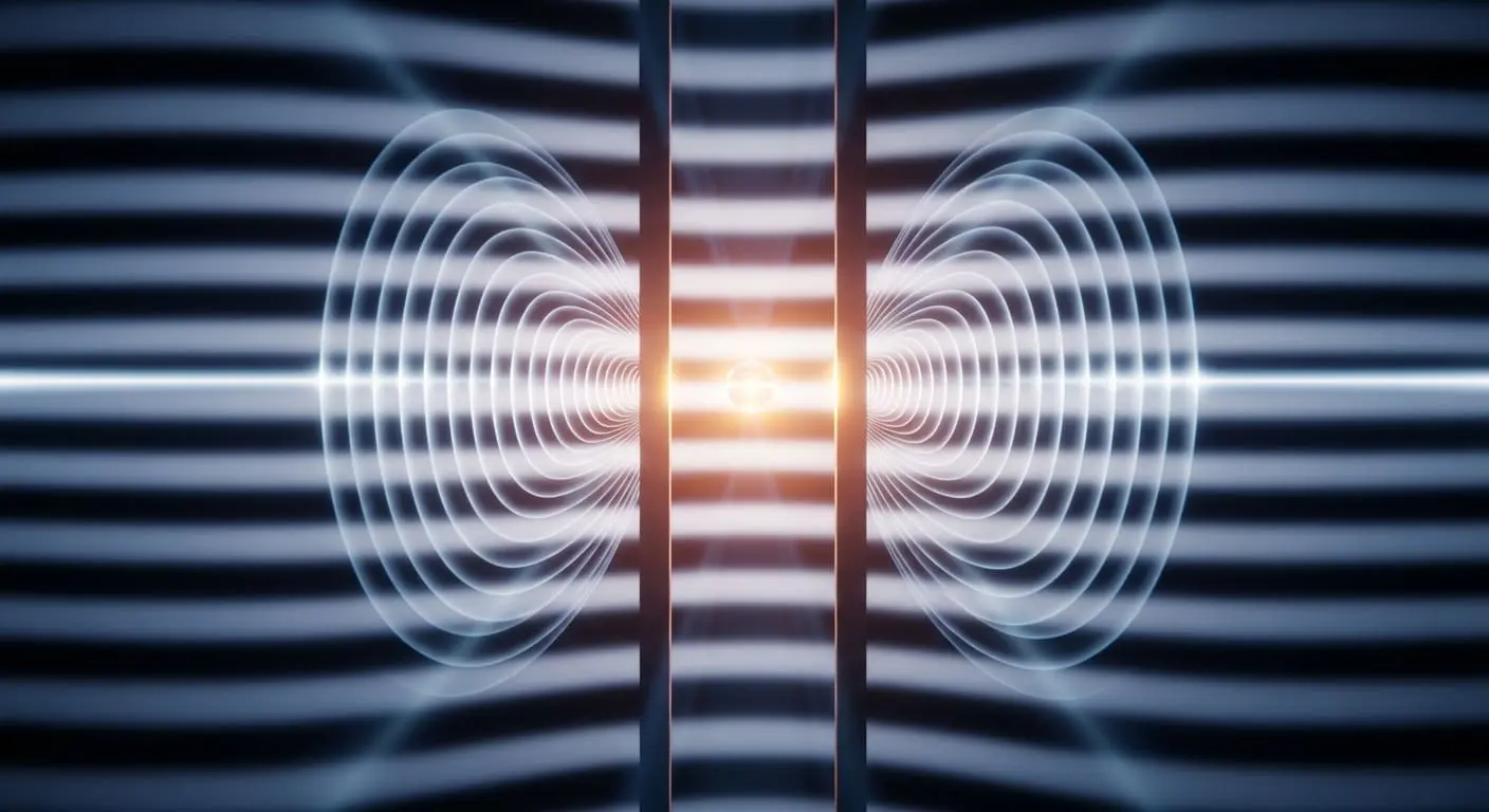 Concentric field rings flare symmetrically from a glowing particle between two plates