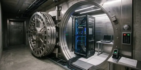 A massive, circular steel vault door is open, revealing a server rack and workstation bathed in cool, blue light.