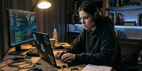 A hooded figure typing at a laptop by lamplight