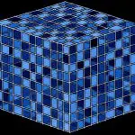 Blue wireframe cube composed of a 3D grid of cells on a black background