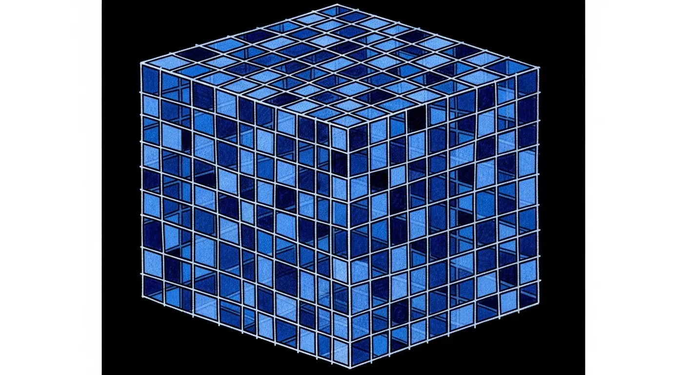 Blue wireframe cube composed of a 3D grid of cells on a black background