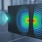 A glowing particle passes through two slits producing colored interference rings