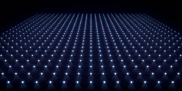 A regular grid of bright points of light suspended in a dark plane