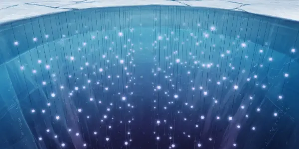 A vast, dark space contains a glowing, hemispherical structure with numerous bright points suspended by thin lines, in shades of blue.
