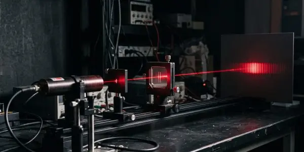 Red laser passing through a slit on an optical rail and making an interference pattern on a screen