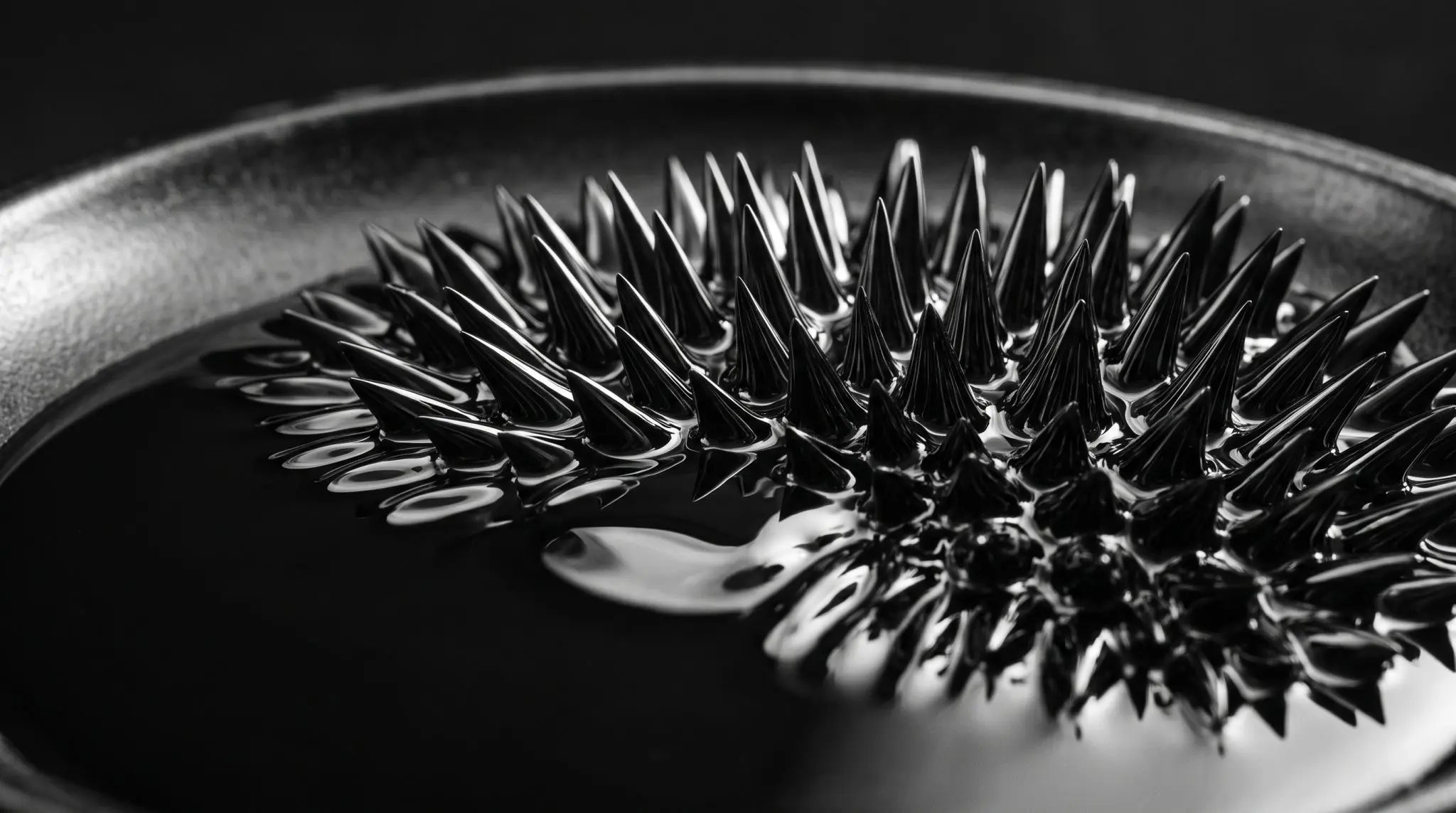 Black ferrofluid rising into sharp spikes in a shallow dish, shot in monochrome