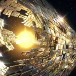 A futuristic, golden structure extends into a starry night sky, illuminated by a bright central light source