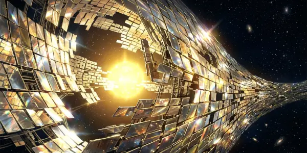 A futuristic, golden structure extends into a starry night sky, illuminated by a bright central light source