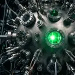 A complex metallic sphere with glowing green lights dominates the frame, set within a dark, cluttered laboratory environment.