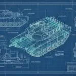 Illustration of a blueprint-style technical drawing of a main battle tank in several views on blue drafting paper