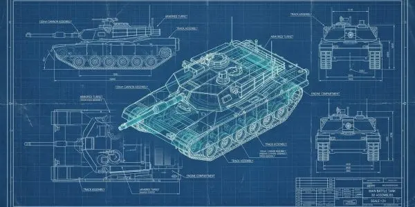 Illustration of a blueprint-style technical drawing of a main battle tank in several views on blue drafting paper