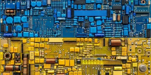 Ukraine quantum computing companies, the Ukrainian flag rendered in circuit boards