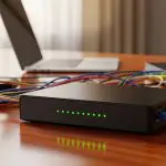 A black network switch with a row of green status LEDs and colored cables beside a laptop and router.