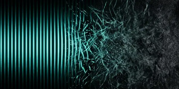 The image depicts a striking visual representation of sound waves transitioning into shattered glass against a dark, textured background.