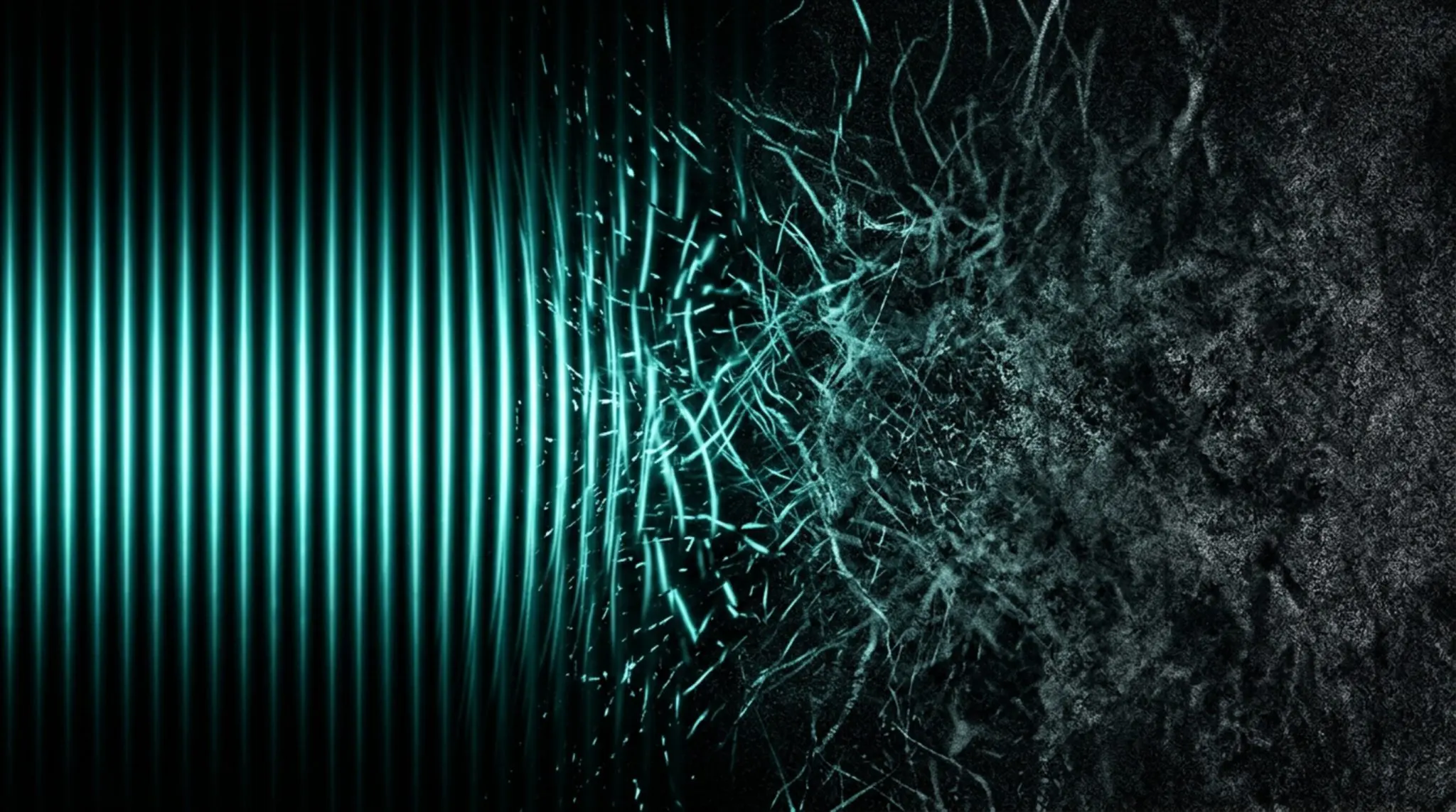 The image depicts a striking visual representation of sound waves transitioning into shattered glass against a dark, textured background.