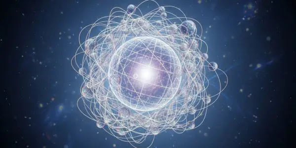 Bright wireframe atomic nucleus surrounded by orbiting electrons against a blue starfield