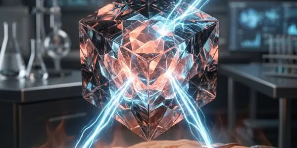 Crystalline cube emitting forked lightning on a lab bench