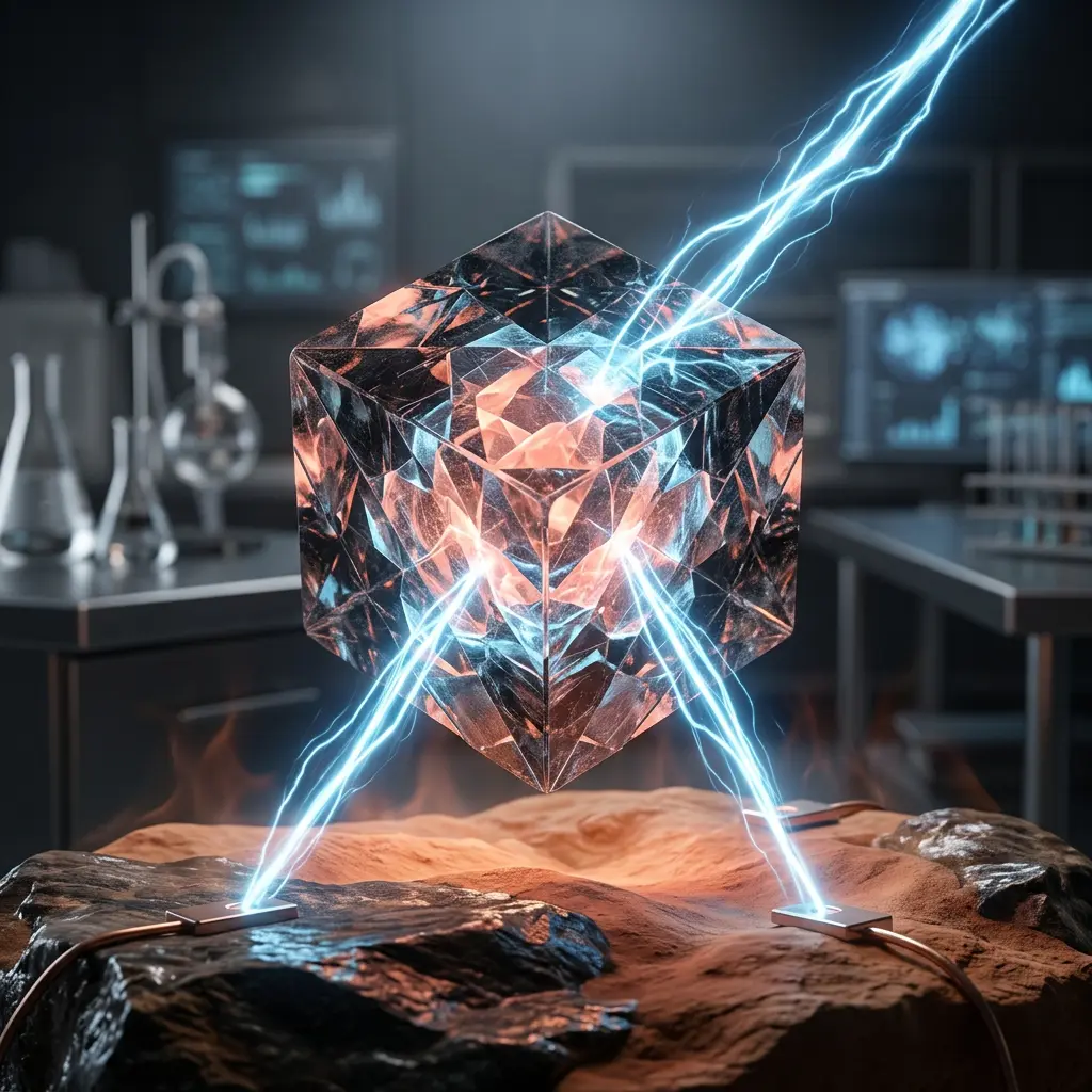 Crystalline cube emitting forked lightning on a lab bench